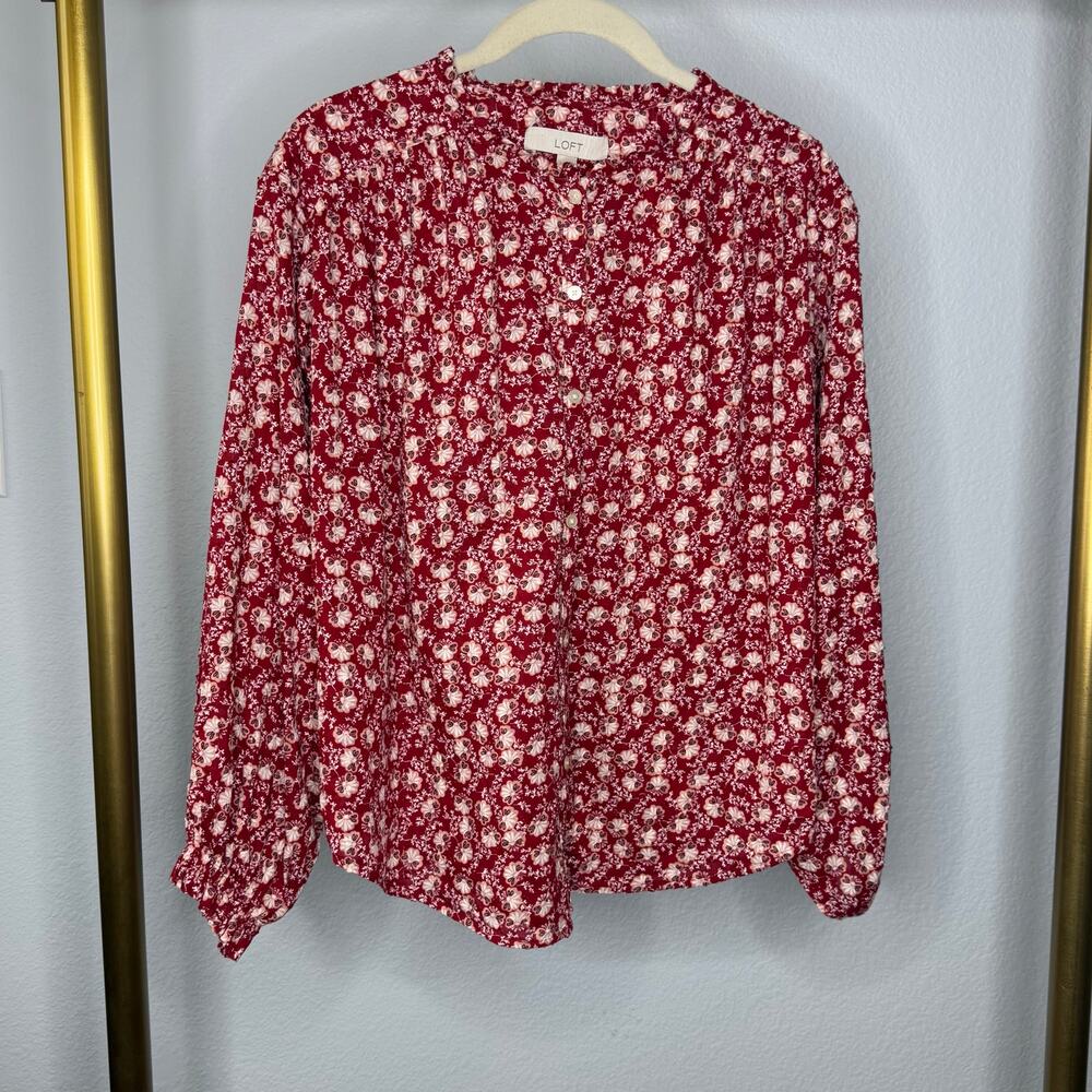 LOFT PEASANT TOP BRICK RED FLORAL BLOUSE